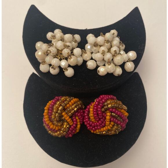 Vintage MADE IN WESTERN GERMANY Clip on Earrings Beaded White Beads Dangle Pairs - Picture 1 of 6